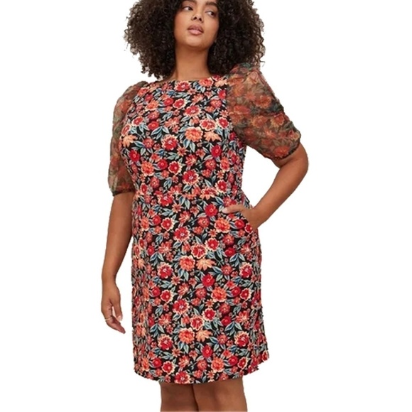 Torrid Cocktail Dress Mini Scuba w/ Pockets Crepe & Organza Puff Sleeve Floral - Picture 11 of 13